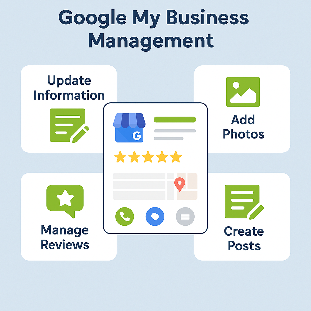 Google My Business management graphic featuring a central business profile with five-star ratings, surrounded by icons for updating information, adding photos, managing reviews, and creating posts, emphasizing local SEO strategies.