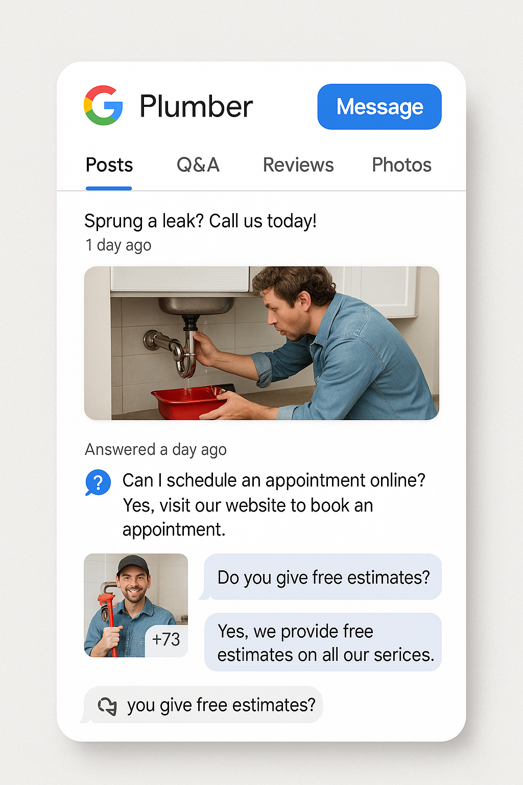 Visual representation of a vibrant Google Business Profile active with posts, Q&A, photos, and messaging interactions, indicating engagement and real-time updates.