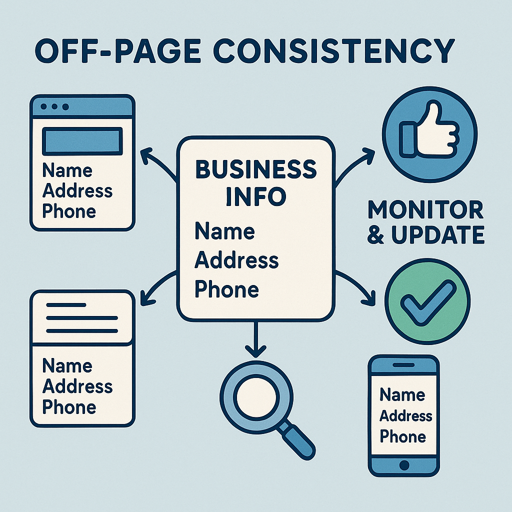 Diagram showing the importance of off-page consistency such as NAP (Name, Address, Phone) across multiple platforms and devices, emphasizing monitoring and updating business information.