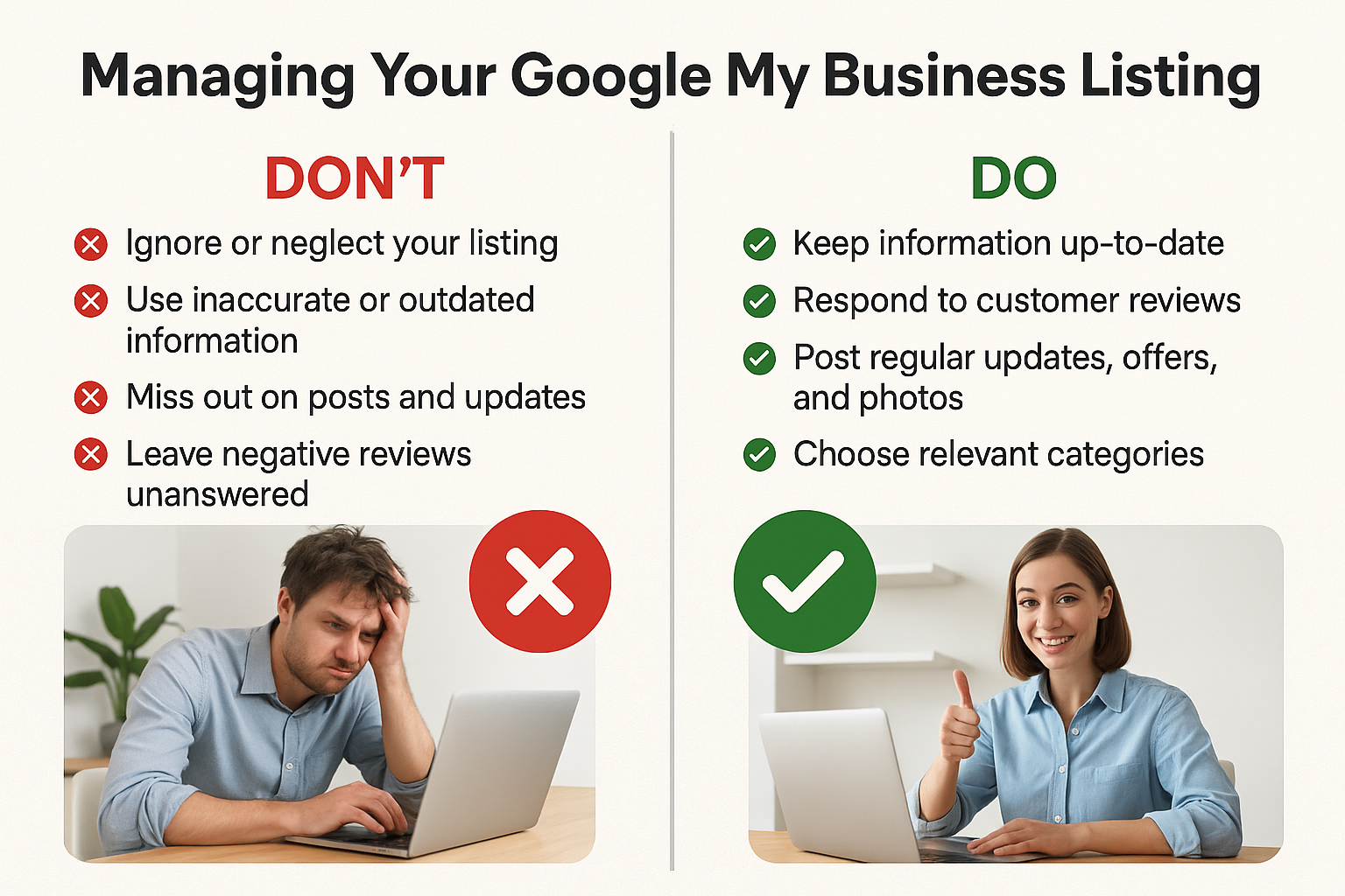 Comparison graphic depicting common pitfalls to avoid versus best practices in managing a Google My Business listing, highlighting do's and don'ts.