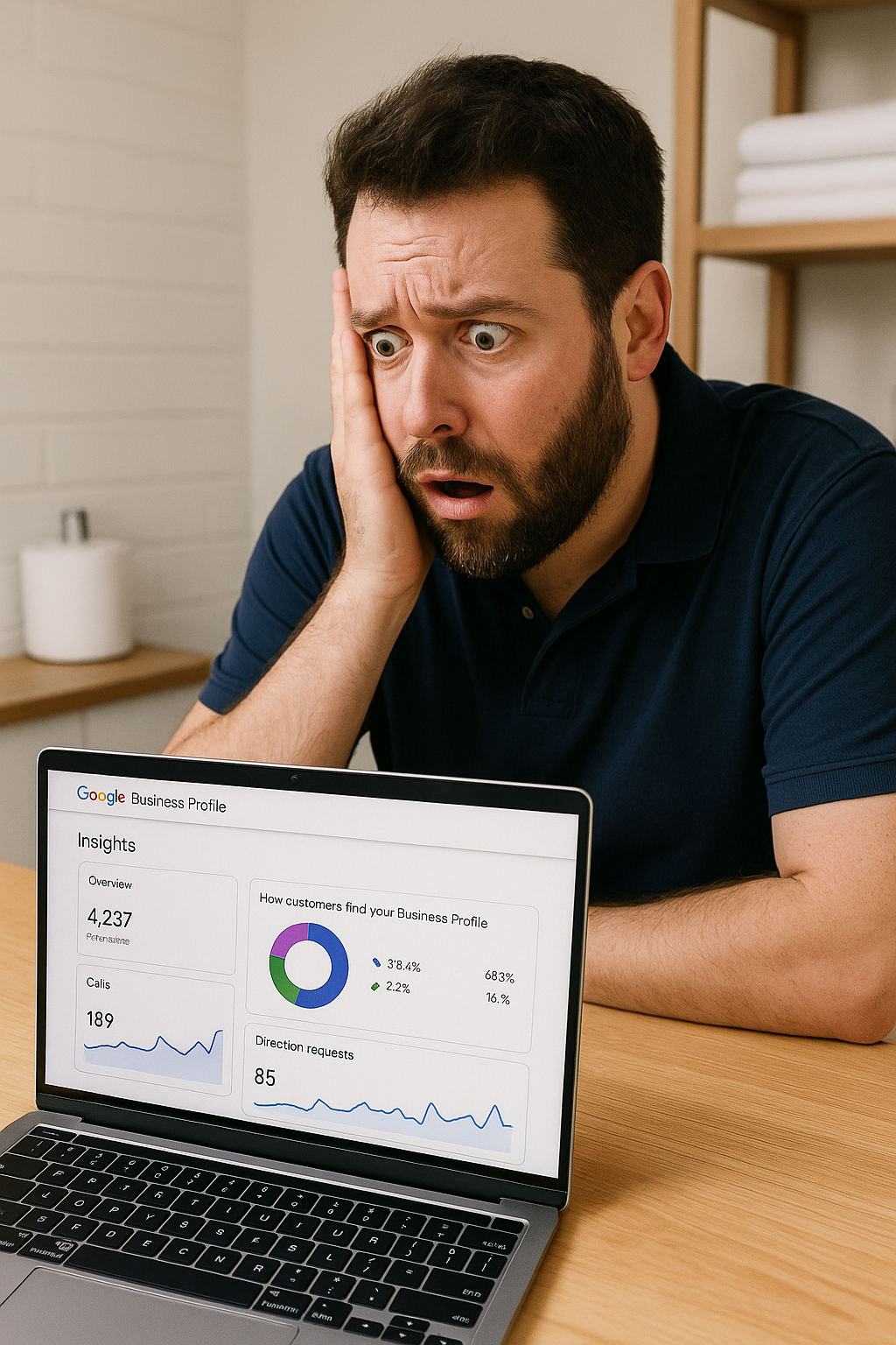 Image of a business owner monitoring Google Business Profile Insights on a laptop, with charts and data analytics visible.