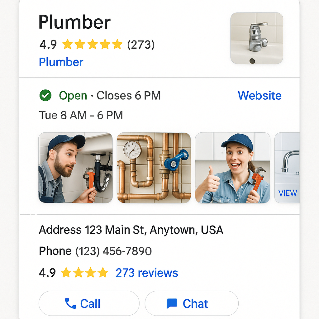 A vibrant Google Business Profile dashboard showing business hours, photos, reviews, and contact information appearing prominently in a local search result.