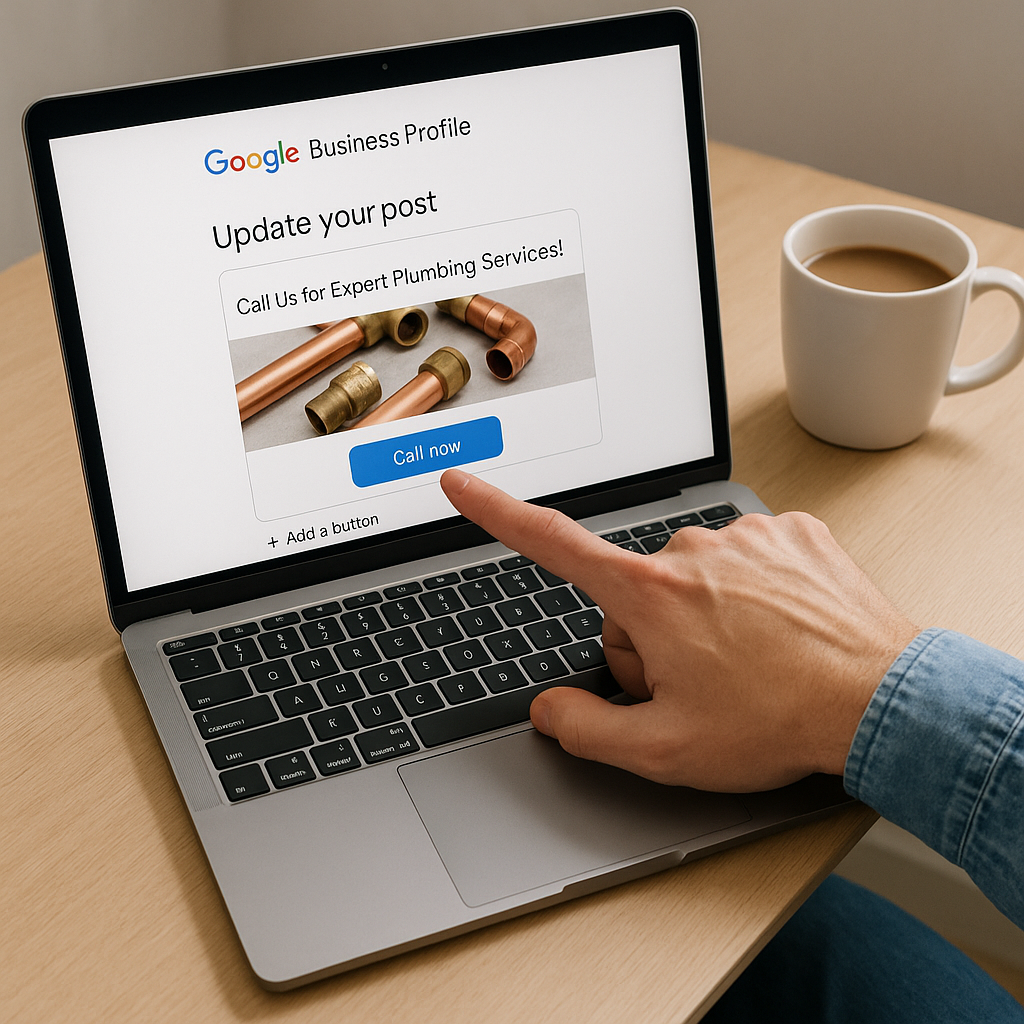 Step-by-step visualization of a person updating their Google Business Profile post with a clear call-to-action button like 'Call now', with a coffee cup nearby symbolizing the quick, 5-minute task.
