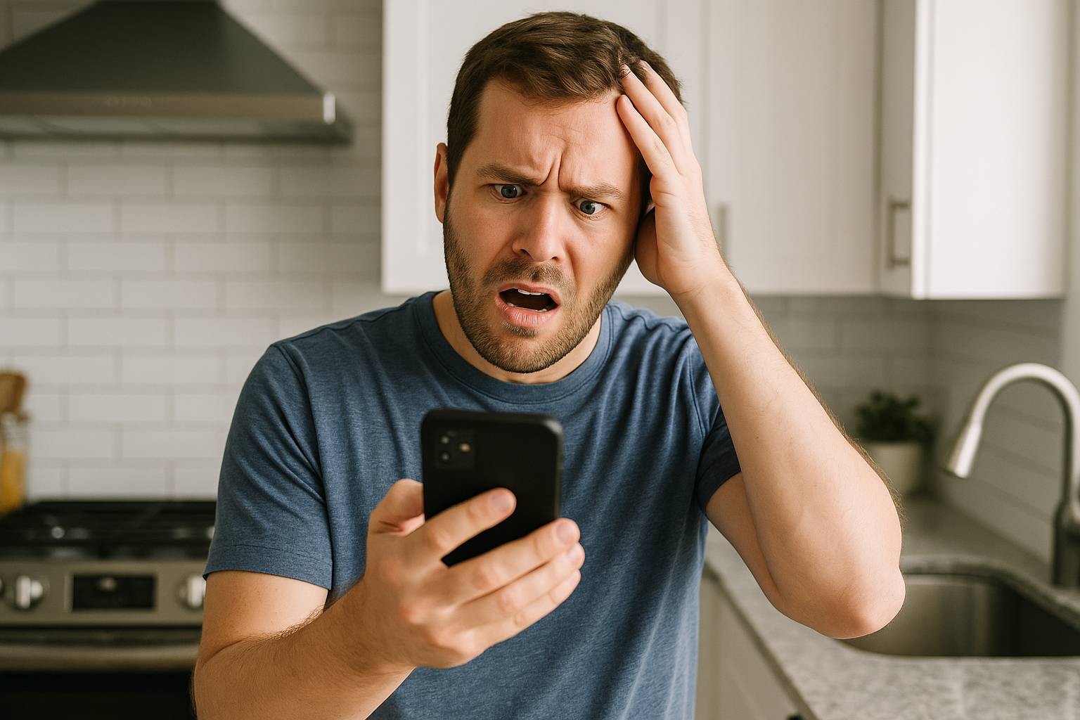 A frustrated person searching on their phone for a local pizza place's phone number but unable to find it, highlighting the problem of missing contact info.