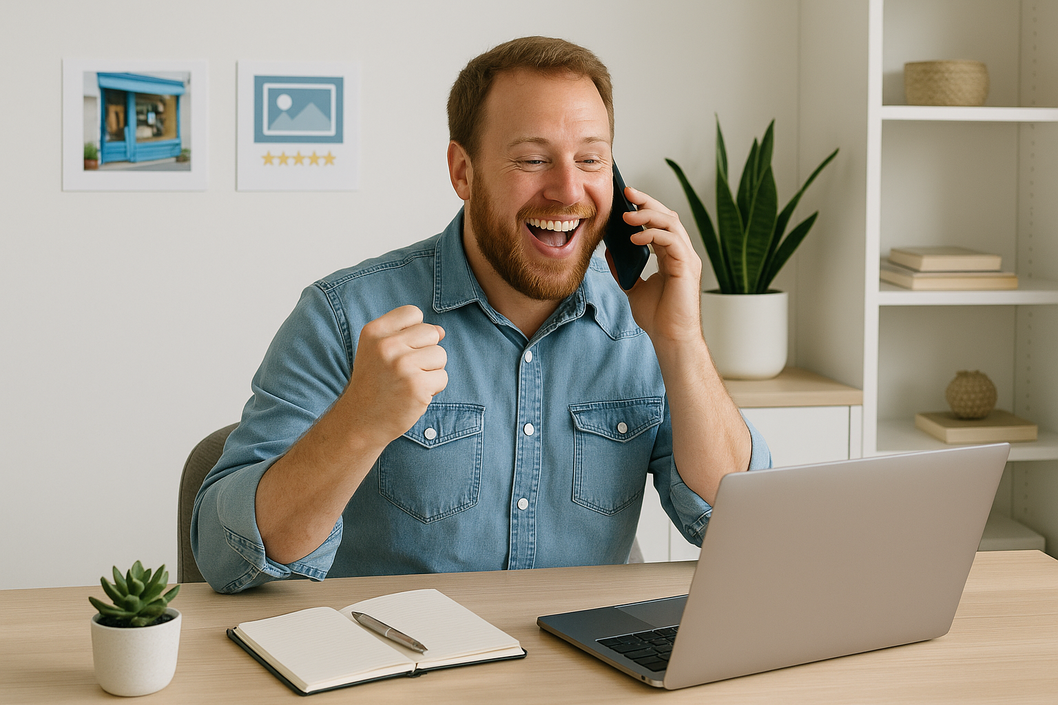 Successful local business owner happily receiving phone calls and engaging with customers after regularly updating their profile, including responding to reviews and posting photos.