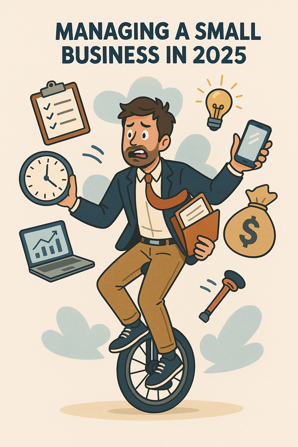 An illustration depicting a small business owner juggling multiple tasks while riding a unicycle, symbolizing the challenges of managing a small business in 2025.