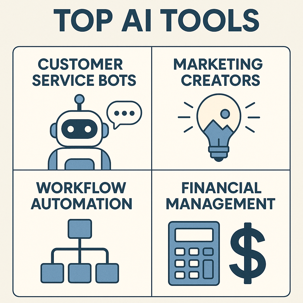 A collage or infographic showcasing the top AI tools categorized by their functions: customer service bots, marketing creators, workflow automation, and financial management tools.