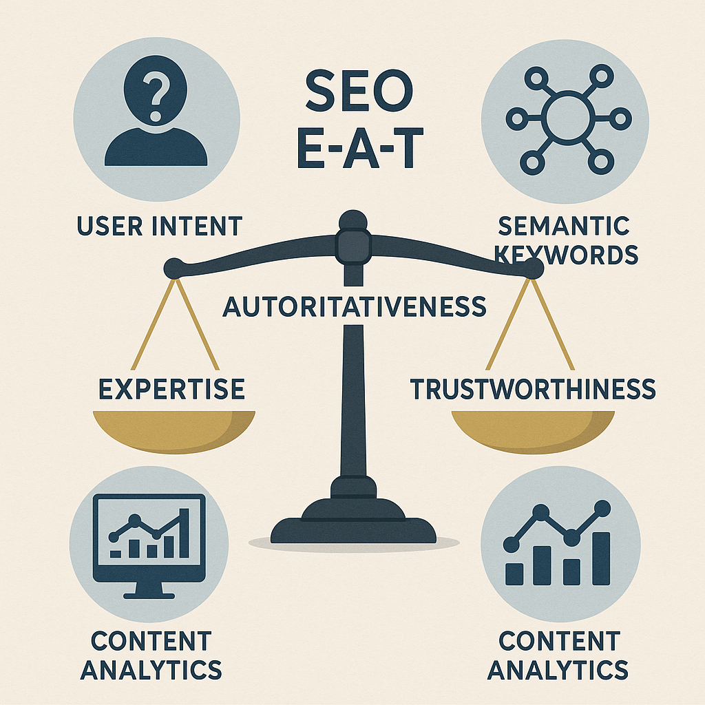 Visual representation of optimising content for SEO quality and E-A-T principles: a balanced scale with Expertise, Authoritativeness, and Trustworthiness labels, surrounded by icons of user intent, semantic keywords, and content analytics.
