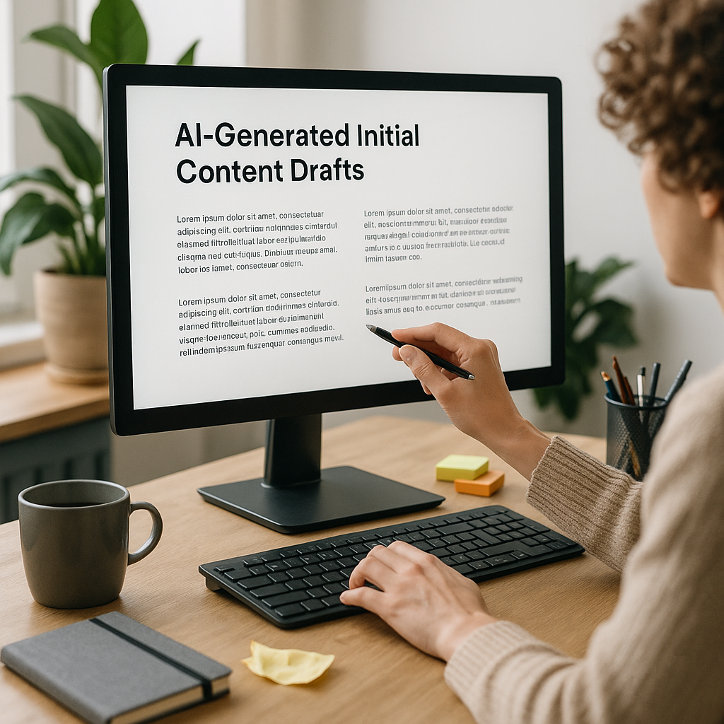 A creative workspace scene where AI generates initial content drafts; a computer screen displaying AI text drafts, with a person editing and adding their personal touch, emphasising collaboration between human and AI.