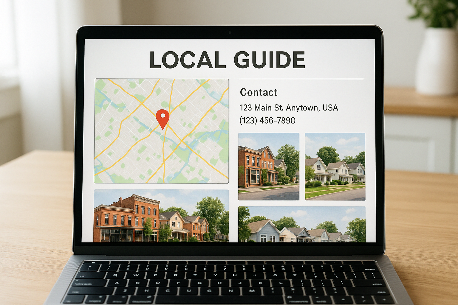 A detailed guide page on a laptop screen showing local maps, contact details, and authentic neighbourhood photos, symbolising the creation of a local guide.