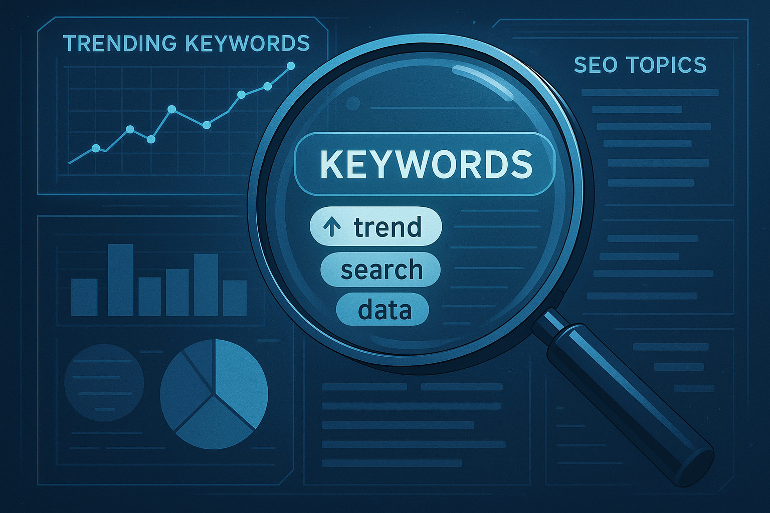 A digital detective-themed image showing AI-powered keyword research: magnifying glass over trending keywords, data charts, and a list of SEO topics on a futuristic interface.