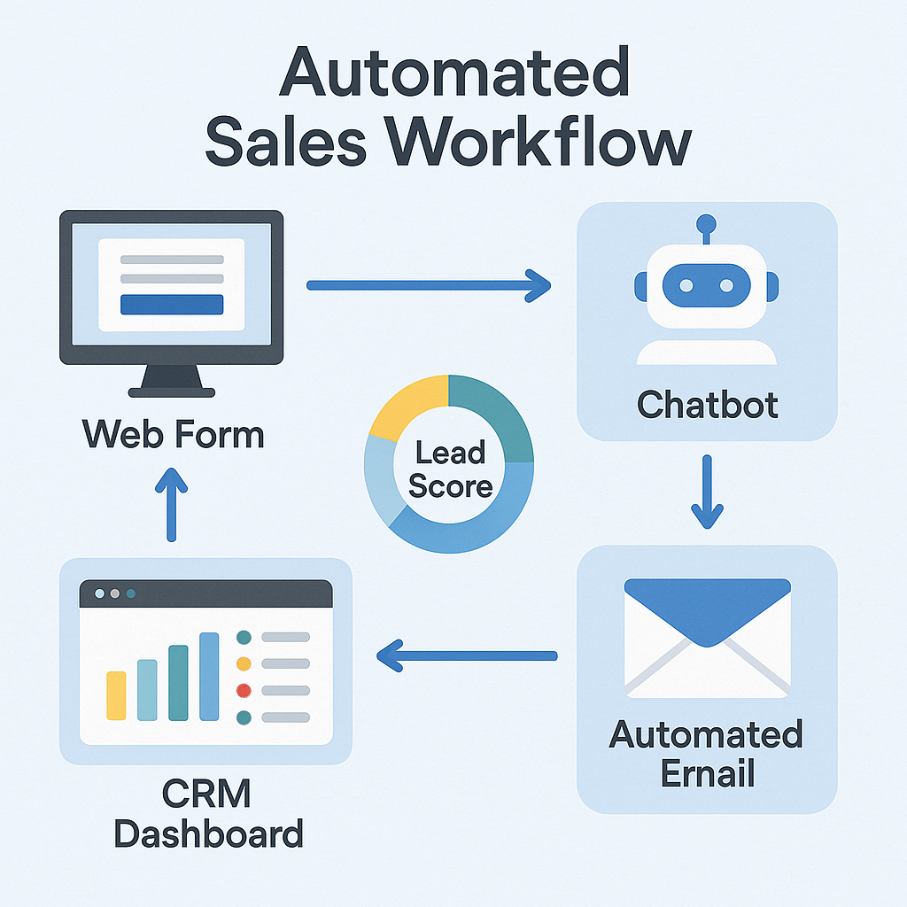 An automated sales process workflow showing lead capture, email follow-ups, lead scoring, and CRM pipeline tracking