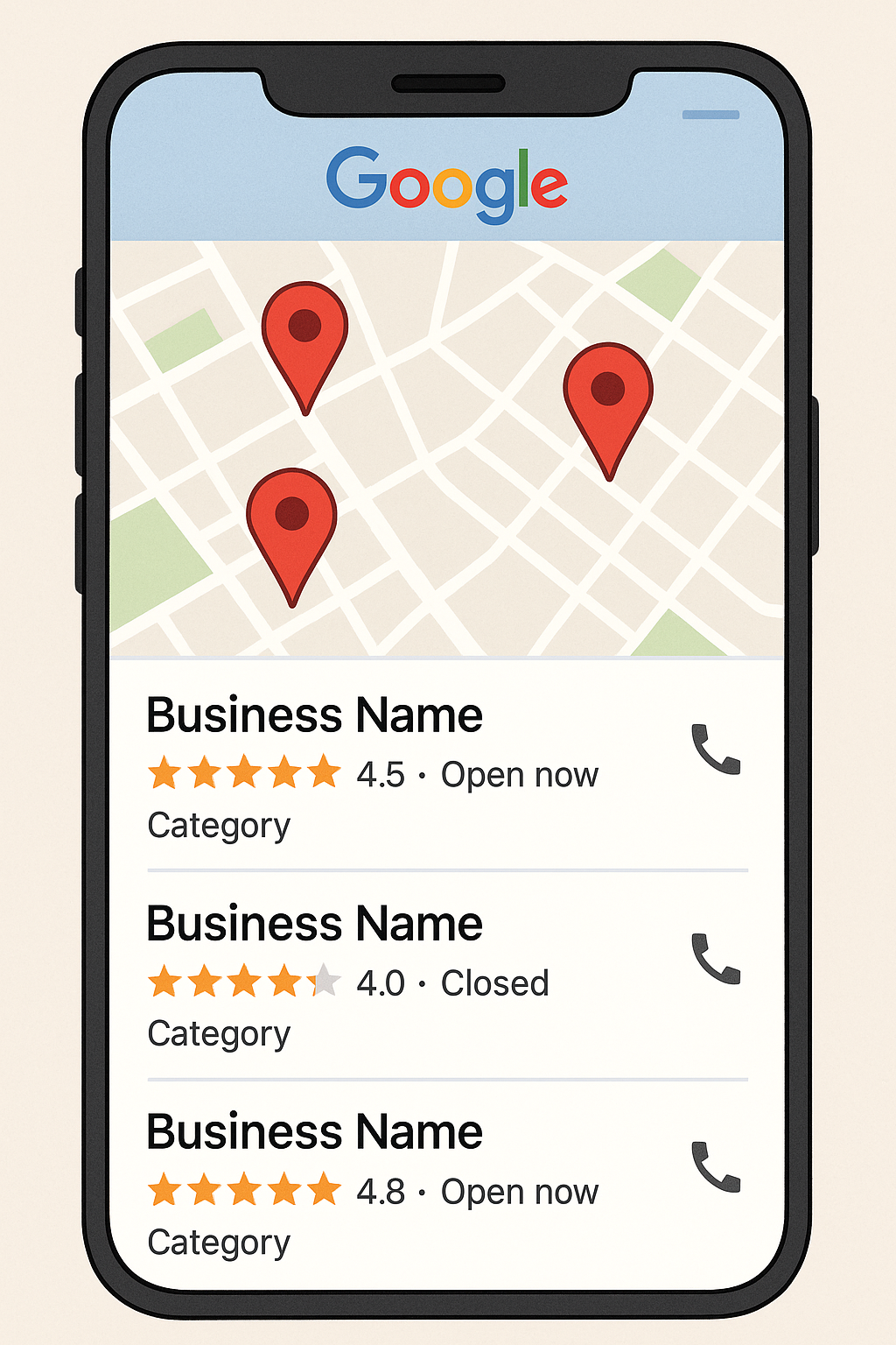 Google Map Pack displayed on smartphone, featuring three local business listings with ratings, status indicators, and map markers, illustrating local SEO importance for businesses.
