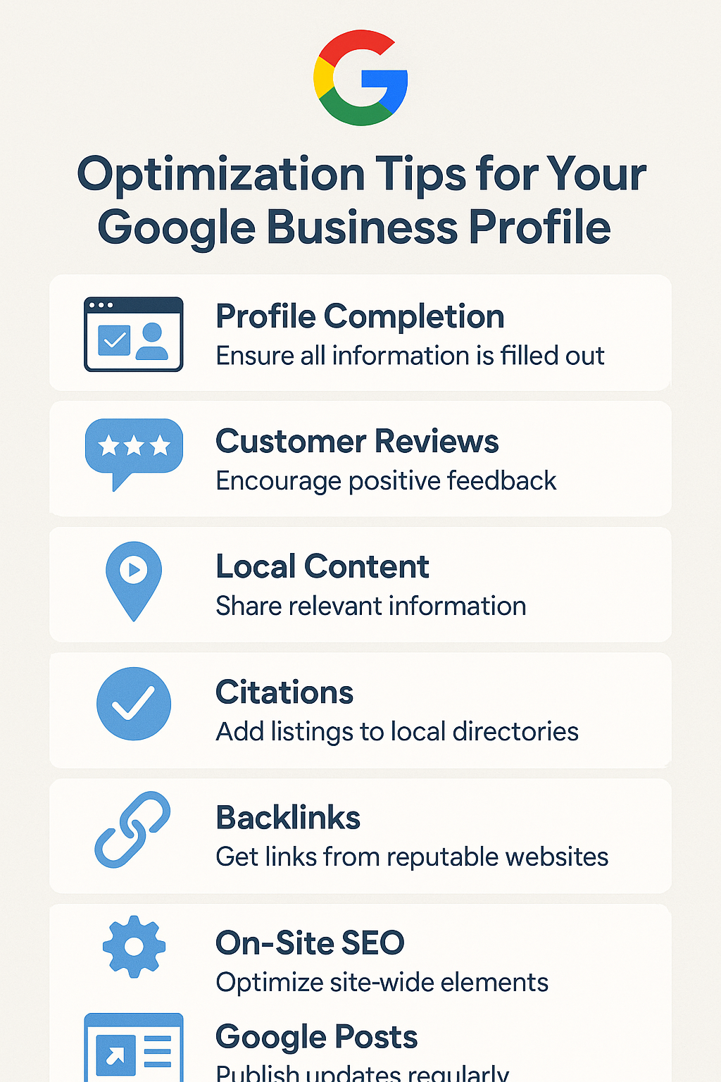 Optimization tips for Google Business Profile including profile completion, customer reviews, local content, citations, backlinks, on-site SEO, and Google posts, featuring the Google logo.