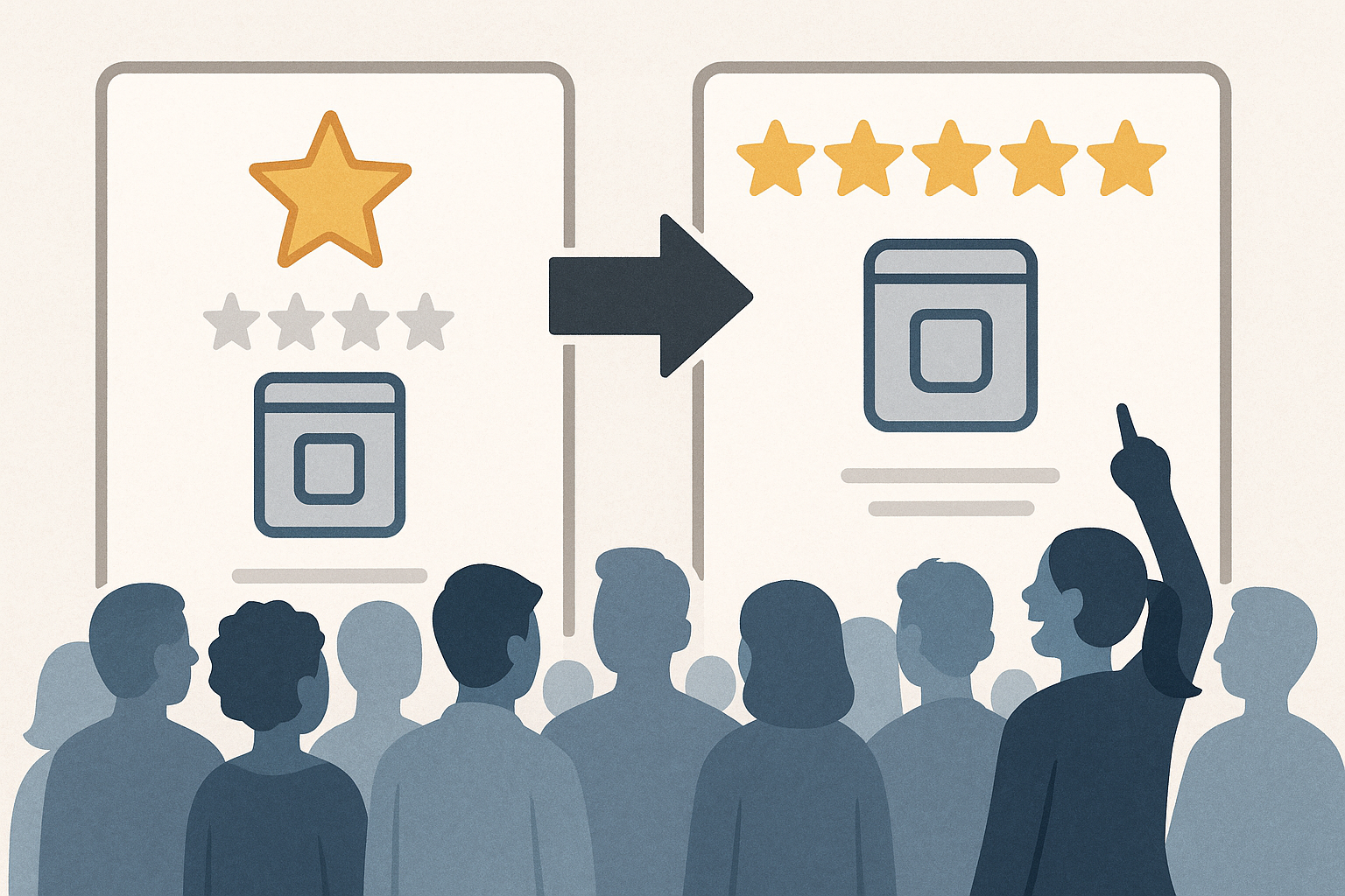 An illustration showing the power of 5-star reviews as social proof, featuring a comparison between two products with different star ratings and a crowd of customers choosing the higher-rated product.