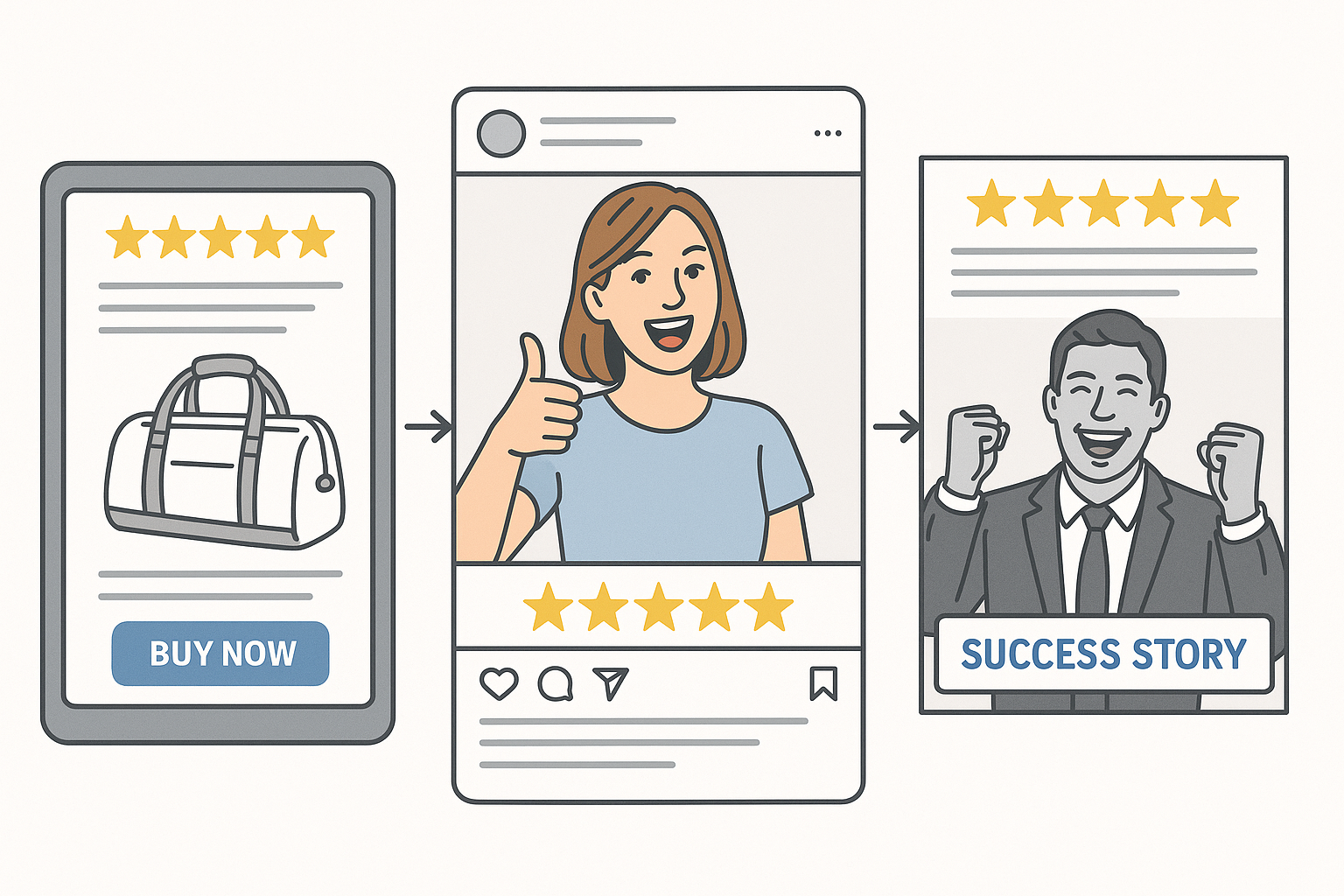 A visual representation of turning 5-star reviews into sales: displaying reviews on product pages, sharing customer photos on social media, and highlighting success stories in marketing campaigns.