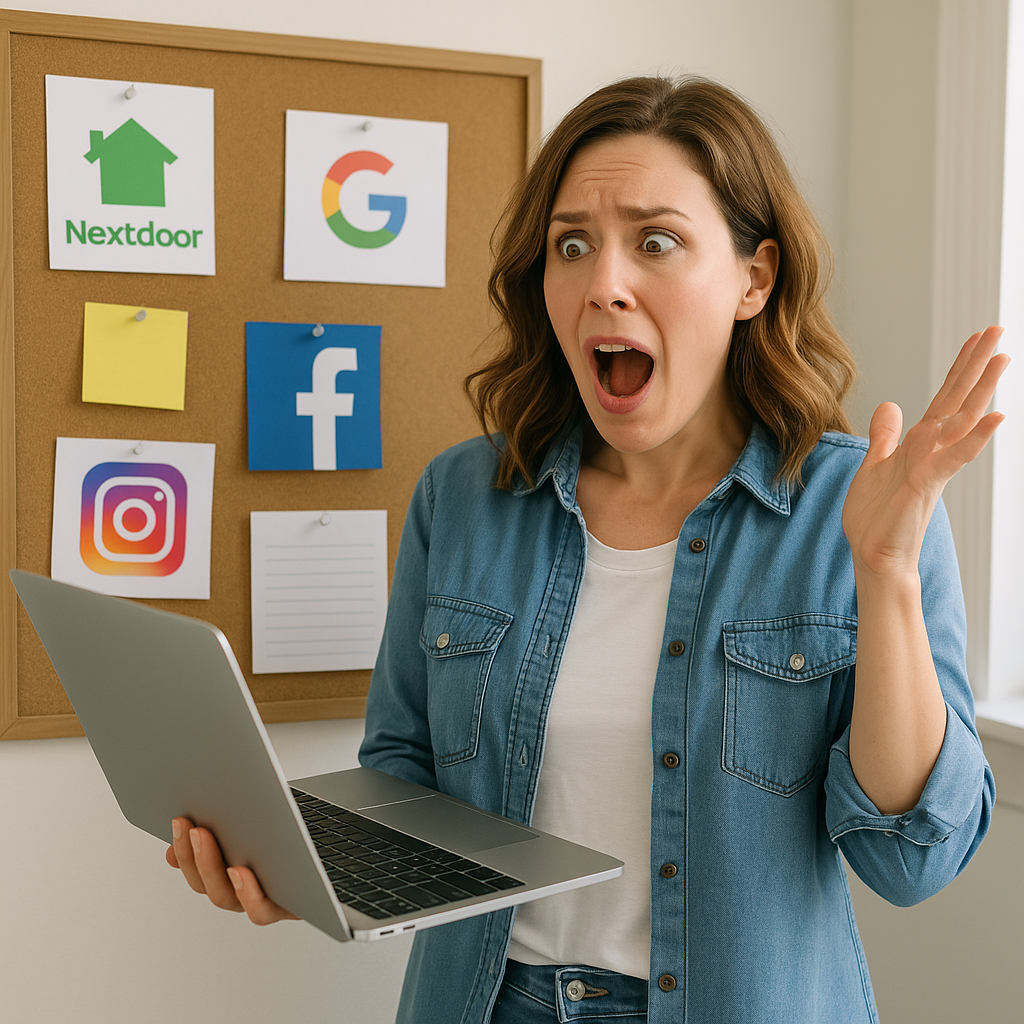 A marketer sharing content through multiple local channels like social media icons (Facebook, Instagram, Nextdoor), Google Business Profile, and community boards.