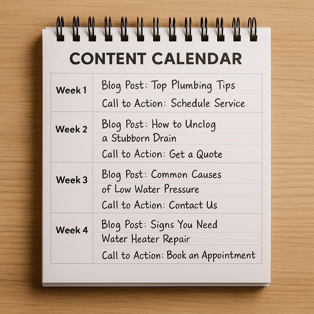 A calendar or planner marked with a 4-week content schedule, including blog post titles and call-to-action reminders, representing the organised content plan.