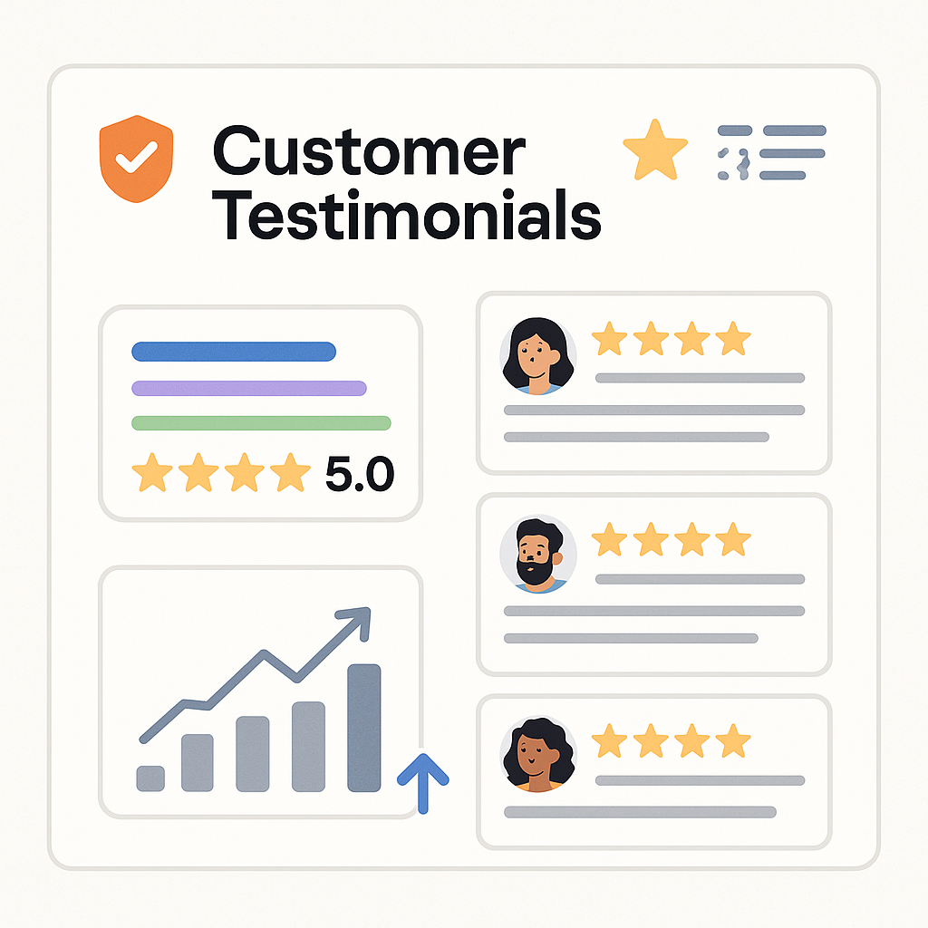 A dynamic website displaying customer testimonials through widgets, accompanied by icons representing review schema markup, star ratings, and rich snippets in search results, demonstrating how reviews boost click-through rates and business growth.