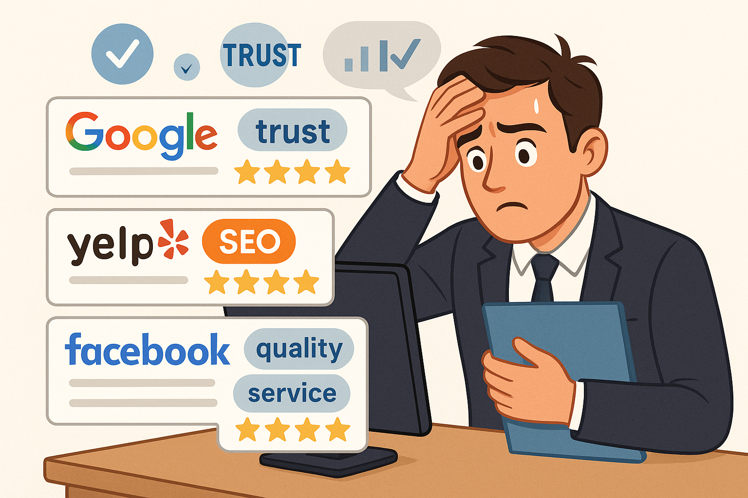 An illustration of a business owner analysing customer reviews on various platforms like Google, Yelp, and Facebook, with highlighted keywords and trust signals around the reviews to emphasise their impact on SEO.
