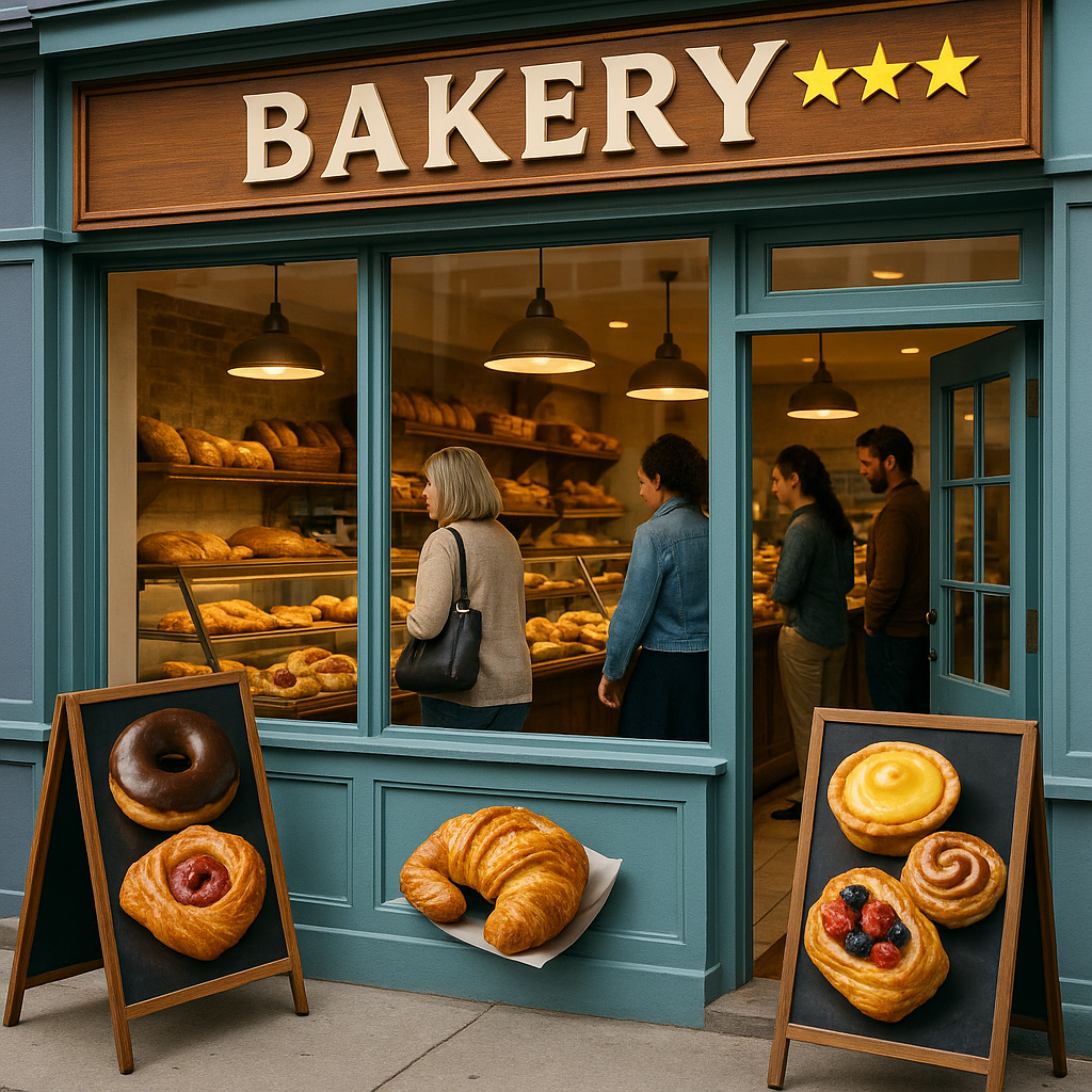 A vibrant storefront of a local bakery with customers inside, enticing photos of pastries displayed outside, and a visible 5-star review rating.