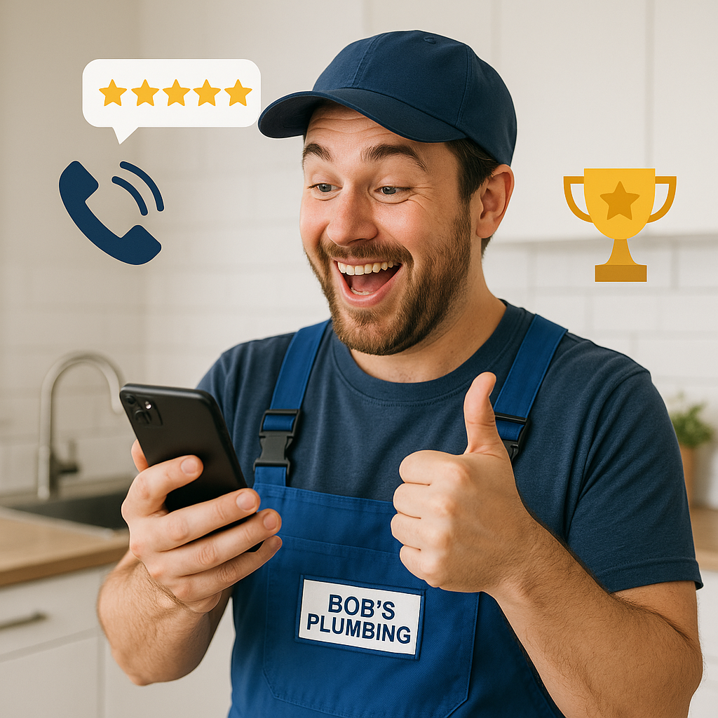 A visual storytelling image depicting Bob’s Plumbing success story: a plumber happily receiving customer reviews on a smartphone, with icons representing increased calls, social media engagement, and local awards.
