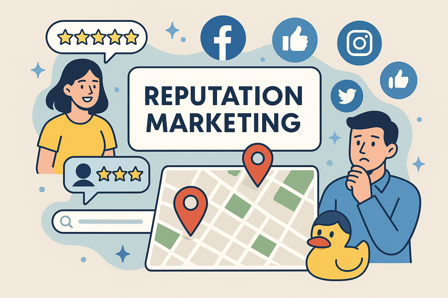 An illustration showing the concept of reputation marketing for local businesses, featuring customer reviews, social media icons, and local search results on a map.