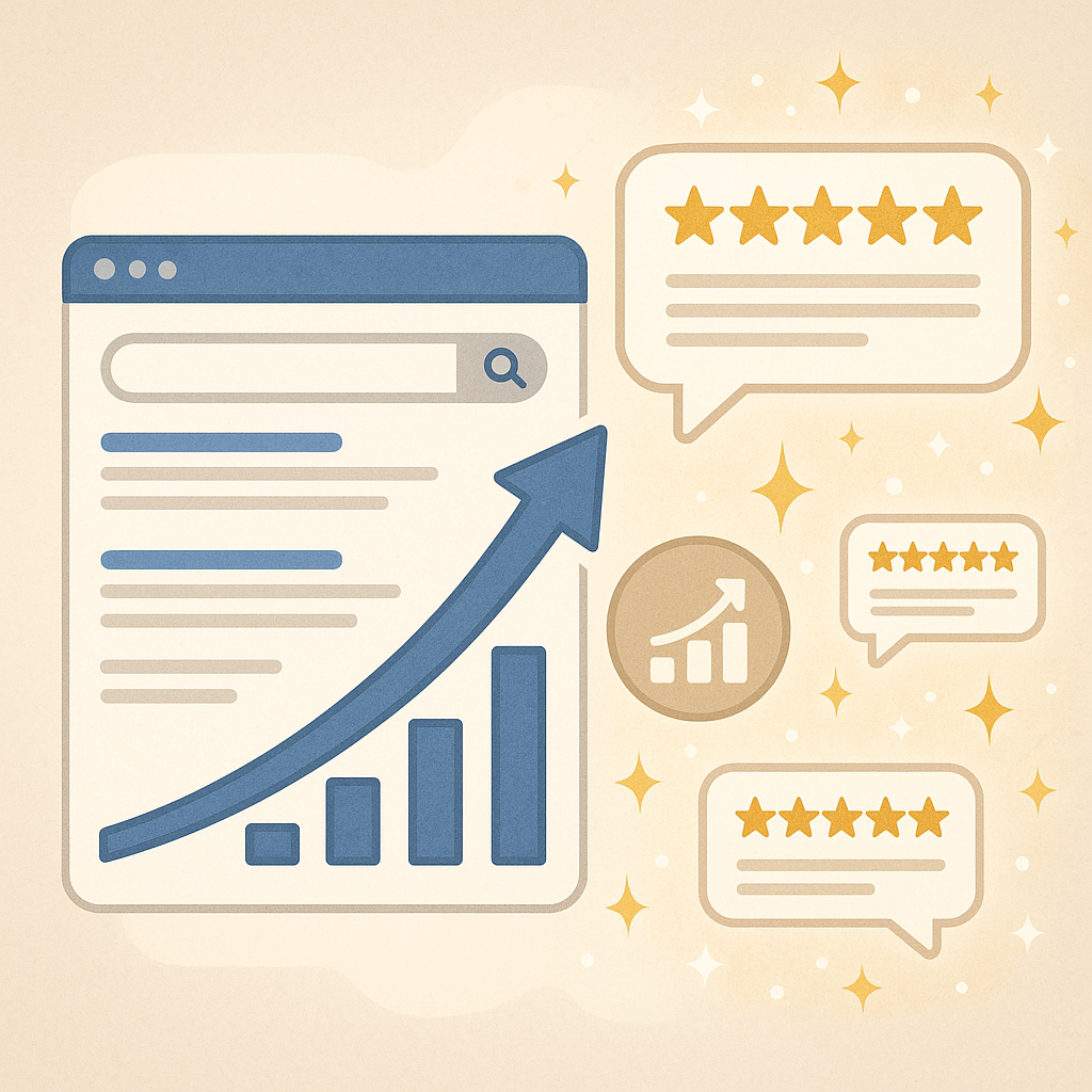 Online reviews improve SEO and online visibility with higher rankings and more website traffic illustrated as magic dust around a business