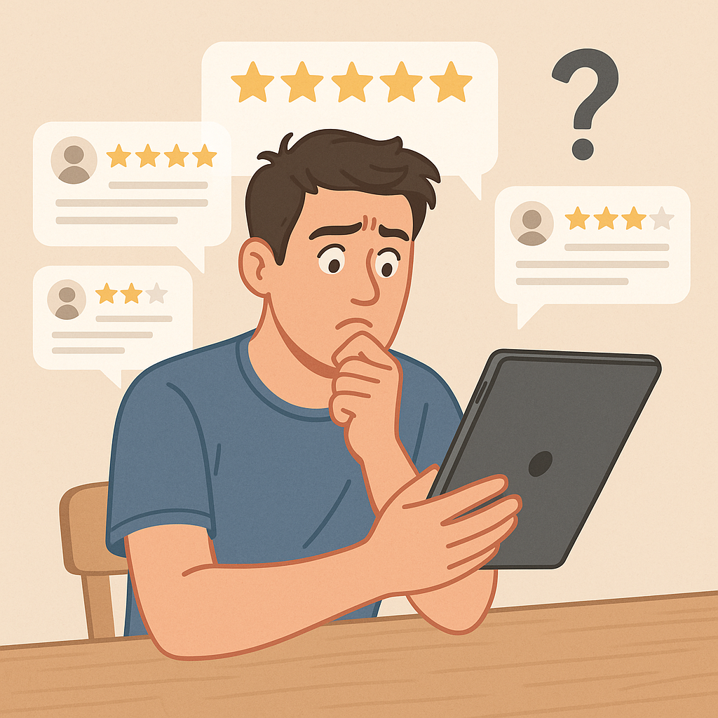 A consumer looking at online reviews and star ratings on a digital device deciding to buy a product