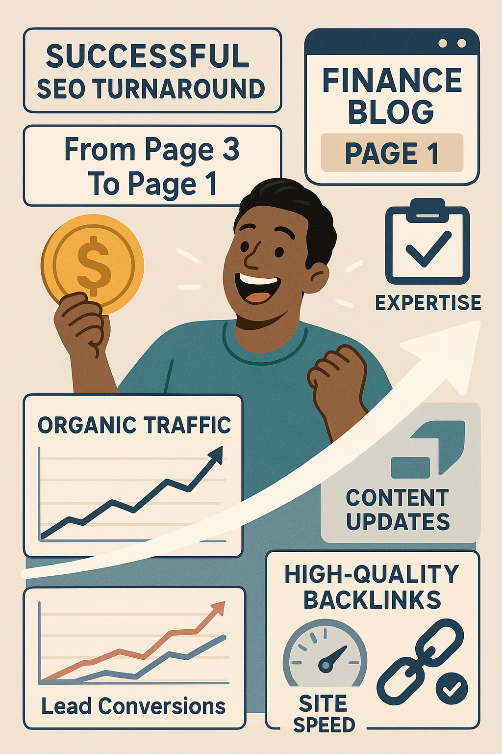 Successful SEO turnaround graphic illustrating a man holding a dollar coin, showcasing a journey from page 3 to page 1, with keywords like "organic traffic," "lead conversions," "high-quality backlinks," "site speed," and "expertise" prominently displayed.