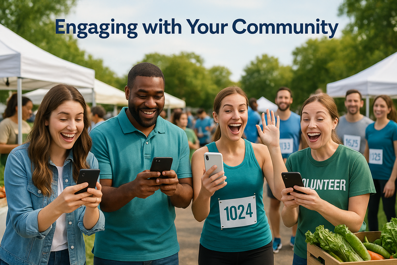 A lively community event scene where local businesses engage with customers, featuring a farmer's market or charity run with people sharing content on social media, representing 'Engaging with Your Community'.