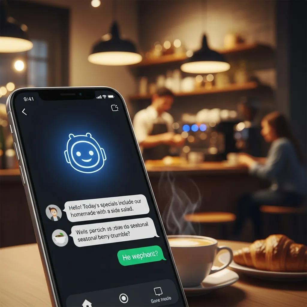 AI chatbot interface on smartphone in a local caf&eacute; environment