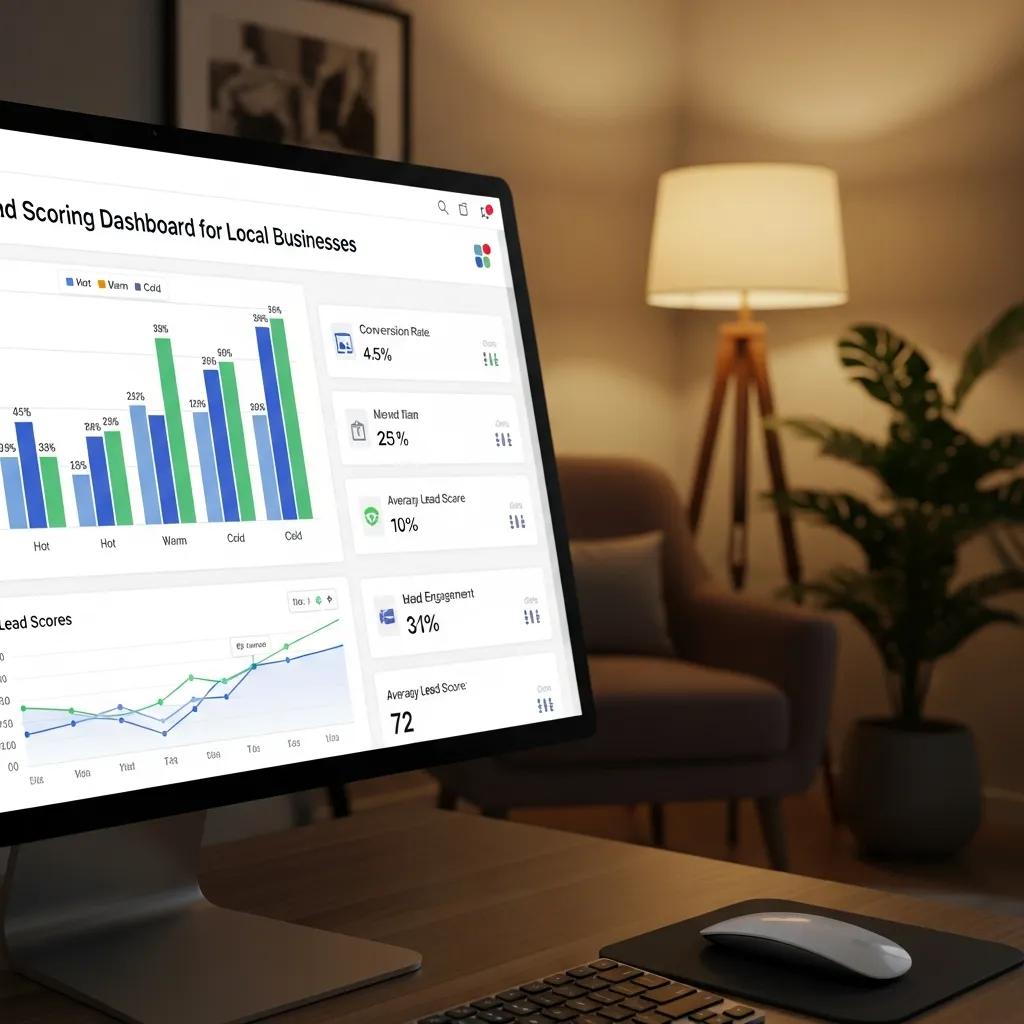Lead scoring dashboard on a computer screen in a cozy office setting