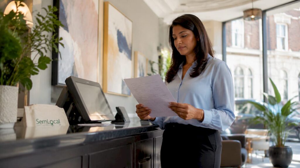 Hotel manager reviewing guest engagement data