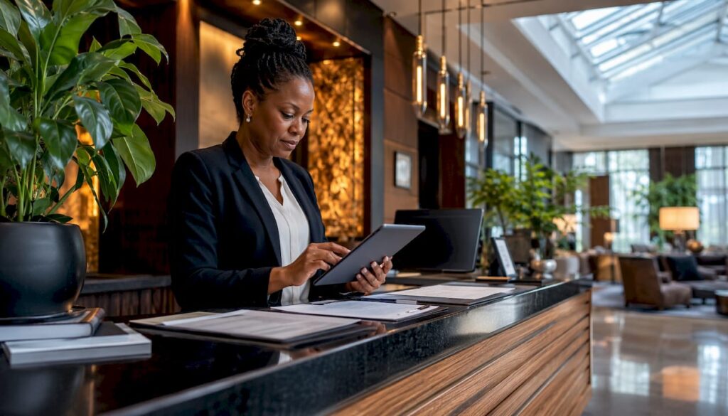 Hotel manager using automation tablet at front desk