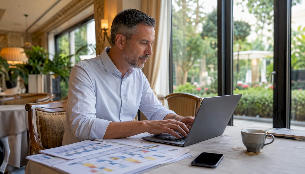 Hotel manager reviewing AI scheduling system