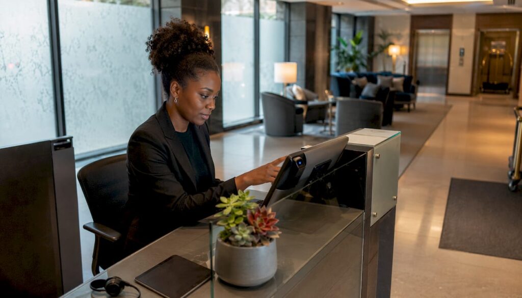 Hotel receptionist interacting with AI device at front desk