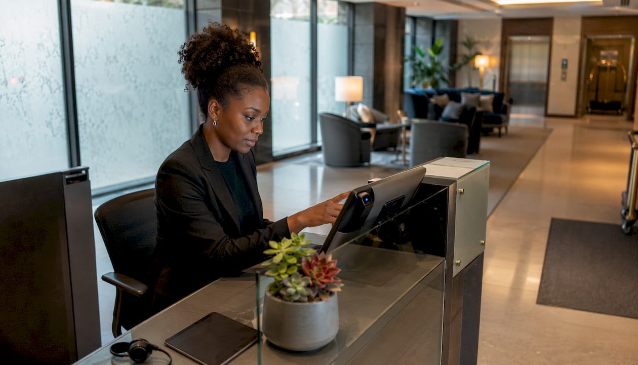 Hotel receptionist interacting with AI device at front desk