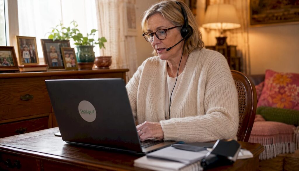 Woman using AI receptionist headset at home office desk