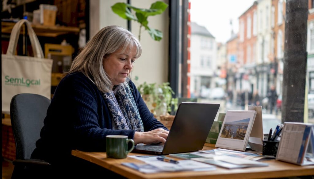 Woman working automation software in UK office