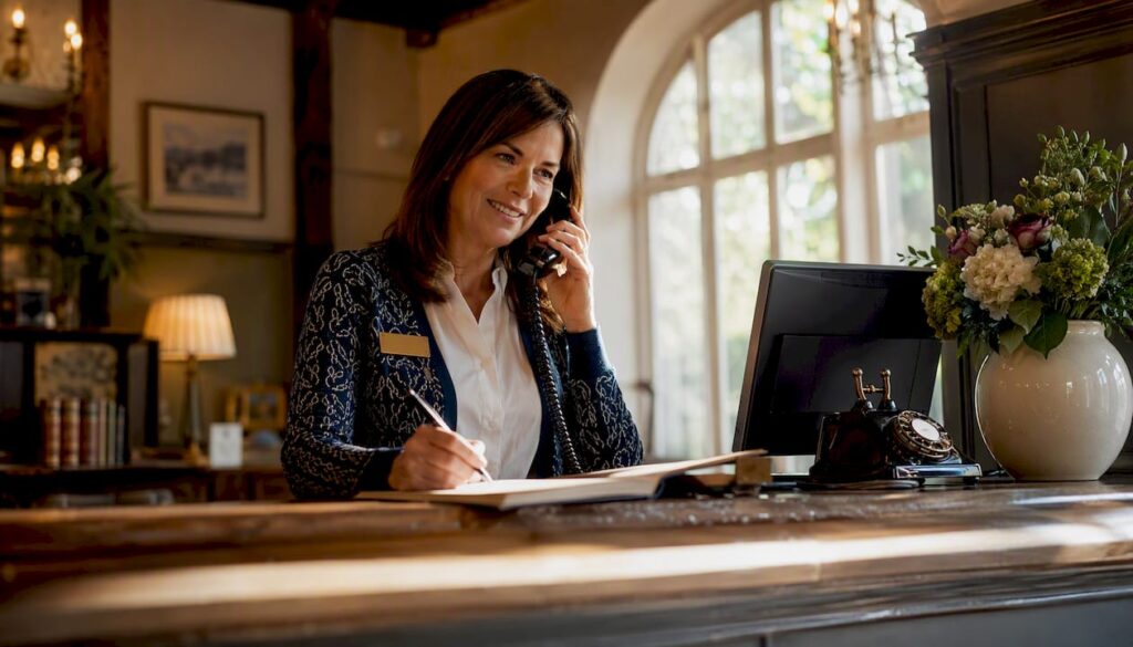 Female hotel receptionist answering phone at front desk