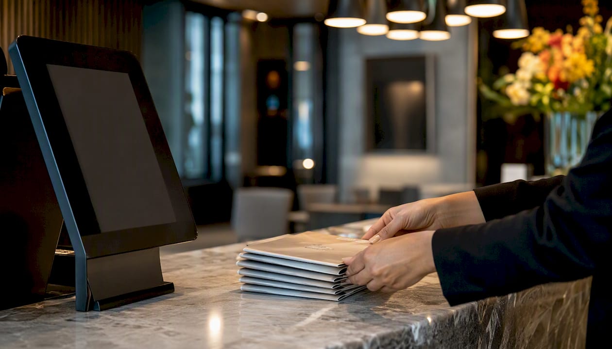 Hotel front desk with digital concierge device edge