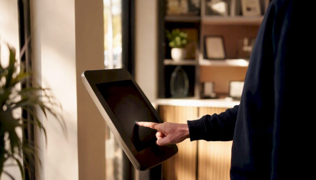 Hand interacting with appointment booking kiosk
