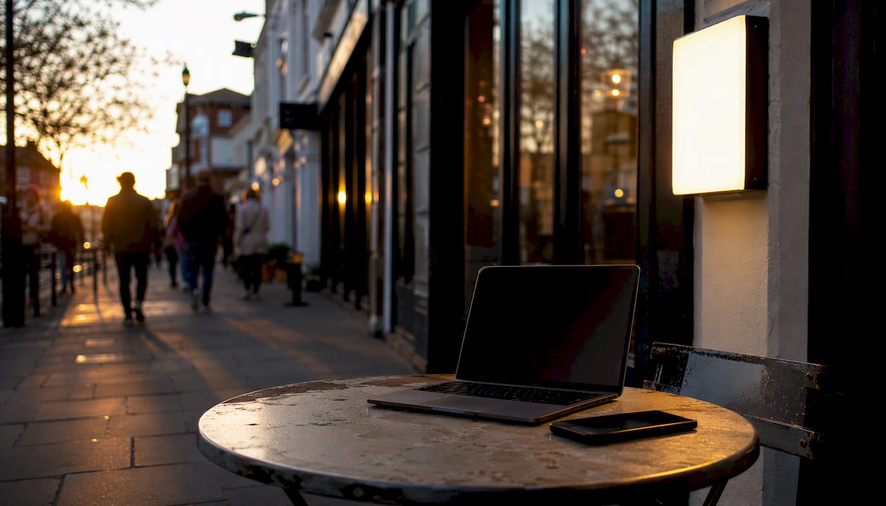 Outdoor table with laptop and phone at UK local business