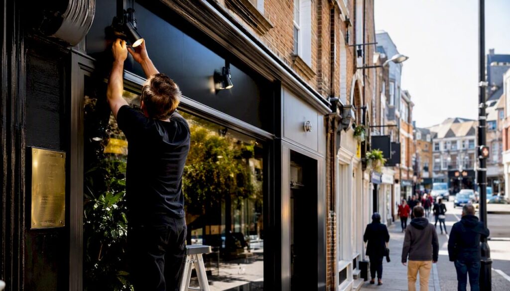 UK small business shopfront with business plaque