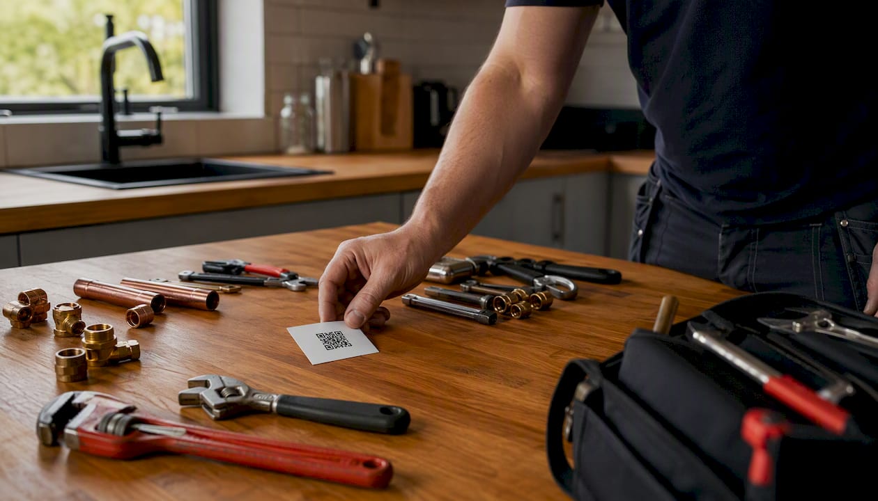 Hand placing Google review QR card on workbench
