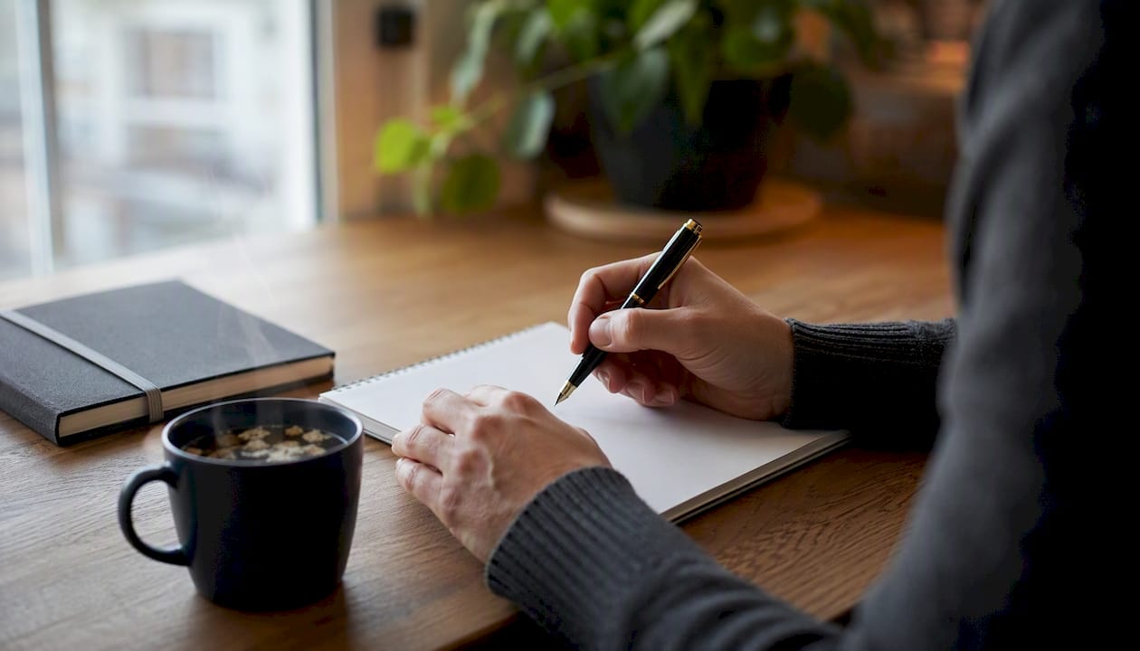 Hands writing json-ld code on notepad