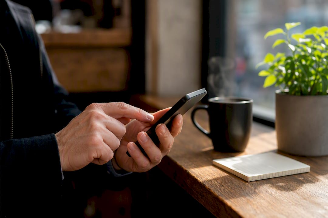 Hands tapping smartphone for SMS setup