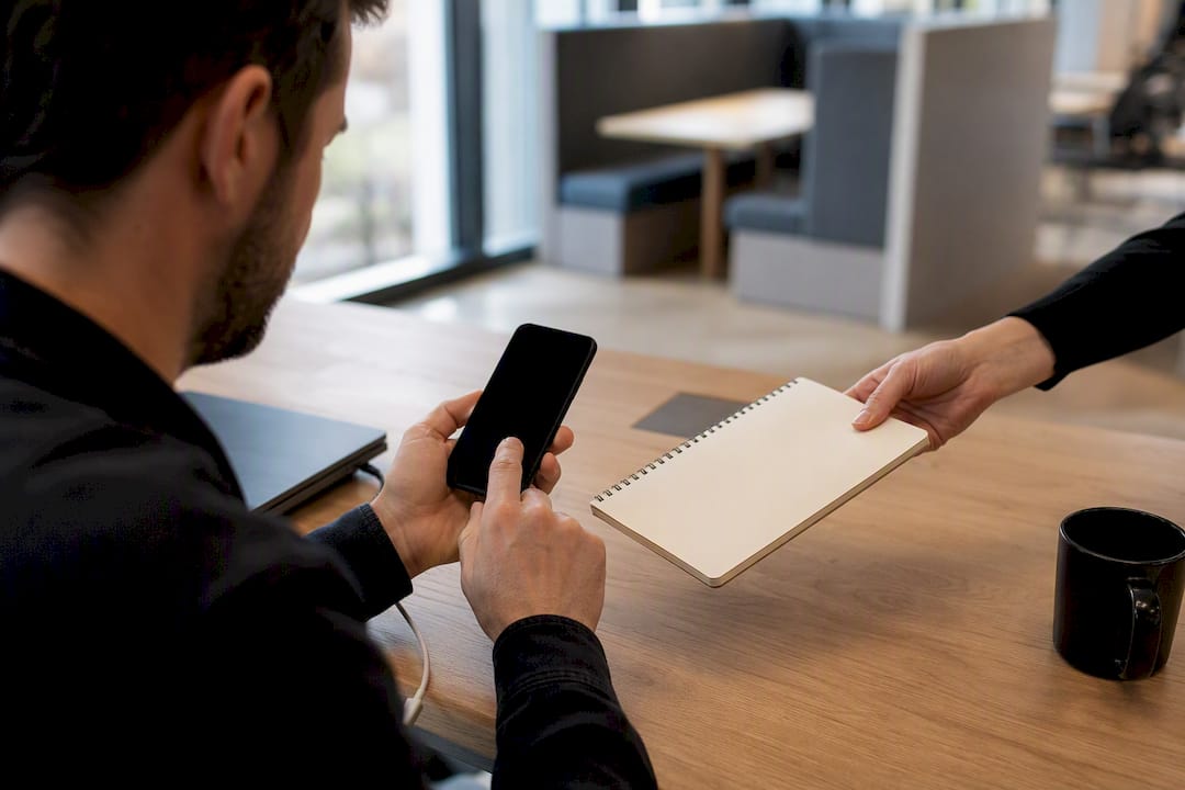 Hands setting up WhatsApp Business on smartphone