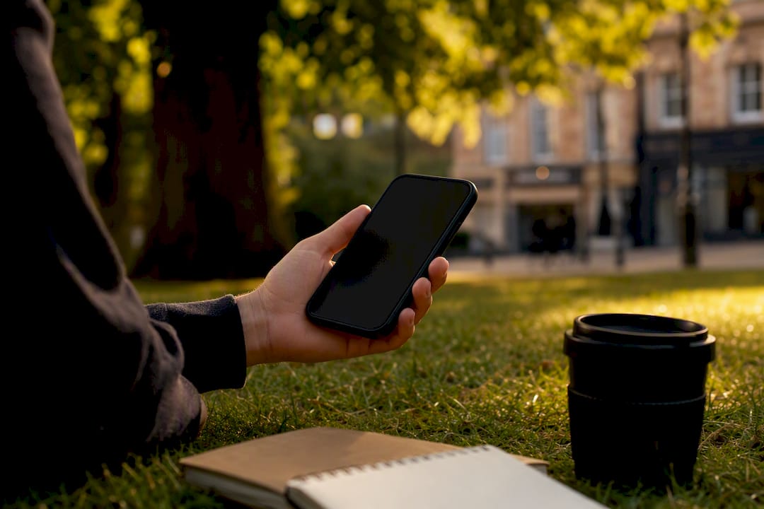 Hand holding smartphone outside local business